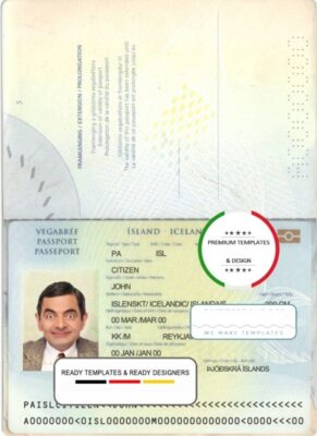 Iceland passport template in PSD format, fully editable, with all fonts