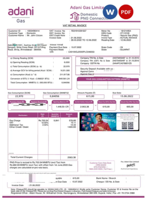 India Adani utility bill template in Word and PDF format