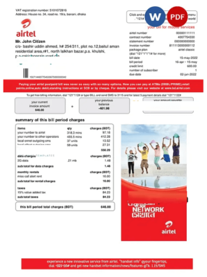 India Airtel telecommunication services utility bill template in Word and PDF format