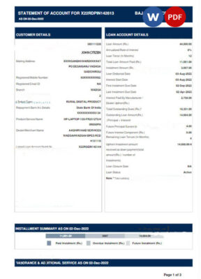 INDIA BAJAJ FINANCE LIMITED bank statement Word and PDF template