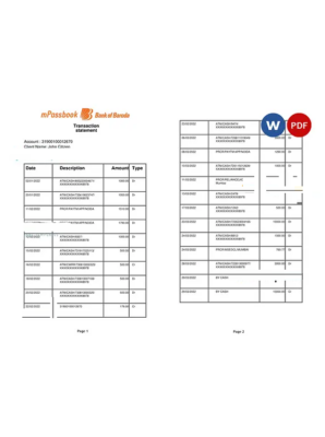 India Bank of Baroda mPassbook bank transaction statement, Word and PDF template, 4 pages