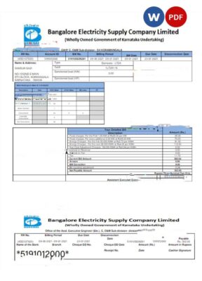 INDIA BESCOM utility bill Word and PDF template