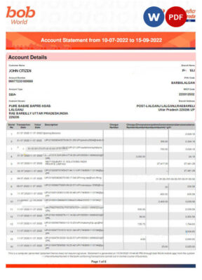 INDIA BOB BANK OF BORODA statement Word and PDF template