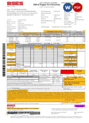 India BSES electricity utility bill Word and PDF template