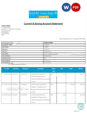 INDIA CANARA bank statement Word and PDF template, version 3