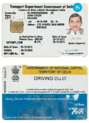 India (Delhi) driving license PSD template, with fonts