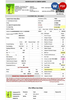 INDIA DGVCL utility bill Word and PDF template