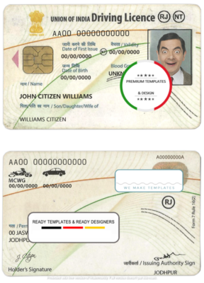 India driving license template in PSD format, fully editable, with all fonts