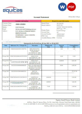 INDIA EQUITAS bank statement Word and PDF template