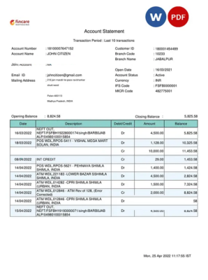 India Fincare bank account statement, Word and PDF template