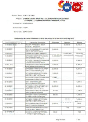 INDIA FINCARE bank statement Word and PDF template, version 2