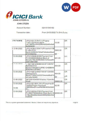 INDIA ICICI bank statement Word and PDF template, version 3