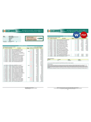 India IDBI bank statement, Word and PDF template, 2 pages