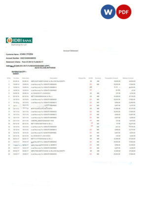 INDIA IDBI bank statement Word and PDF template