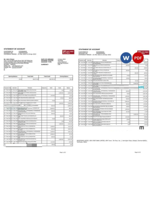 India IDFC First bank statement Word and PDF template, 2 pages