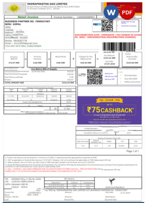 INDIA IGL utility bill Word and PDF template