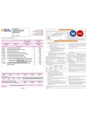 India Indian bank credit card statement, Word and PDF template, 2 pages