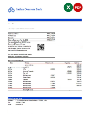 India Indian Overseas Bank statement Excel and PDF template