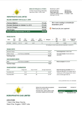 India Indraprasth Gas utility bill template in Word and PDF format