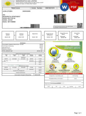 India INDRAPRASTHA GAS LIMITED utility bill template in Word and PDF format