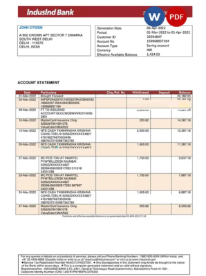 India IndusInd bank statement, Word and PDF template