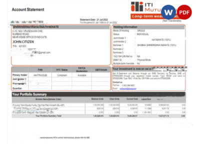 INDIA ITI mutual fund statement Word and PDF template