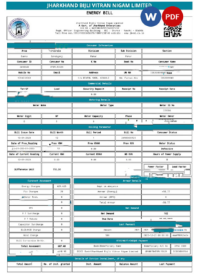 INDIA JHARKHAND BIJLI VITRAN NIGAM LTD. utility bill Word and PDF template