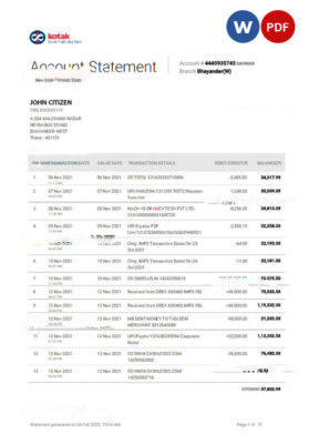 INDIA KOTAK bank statement Word and PDF template