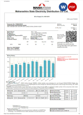 INDIA MAHARASHTRA ELETRICITY utility bill Word and PDF template