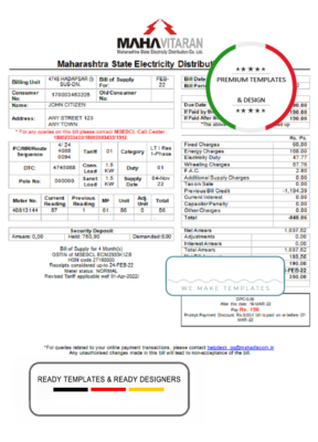 India Mahavitaran Co Ltd utility bill template in Word and PDF format