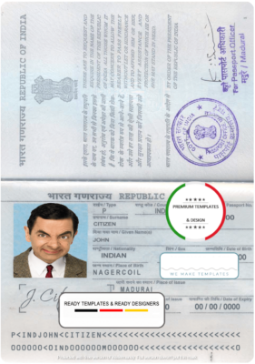 India passport template in PSD format, fully editable, with all fonts