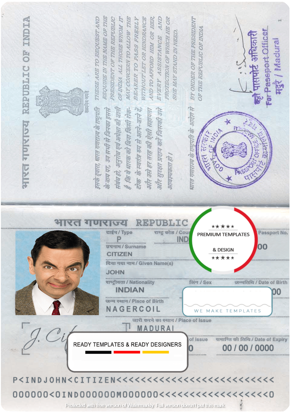 India passport template in PSD format, fully editable, with all fonts ...