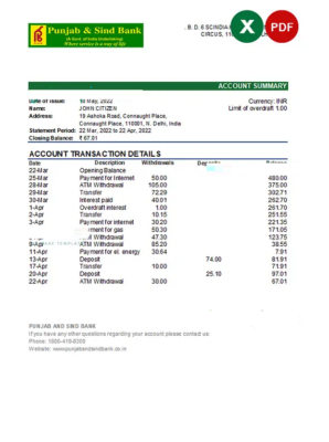 India Punjab and Sind bank statement Excel and PDF template