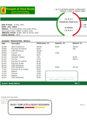 India Punjab and Sind Bank statement template in Word and PDF format