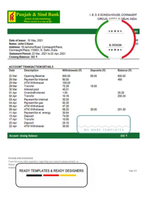 India Punjab National Bank statement Word and PDF template, 2 pages