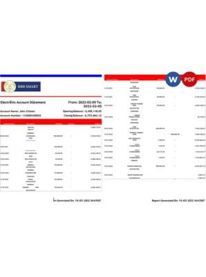 India RBB Smart bank statement, Word and PDF template, 2 pages