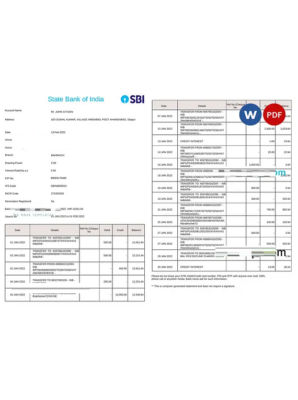 India State Bank of India (SBI) bank statement Word and PDF template, 2 pages