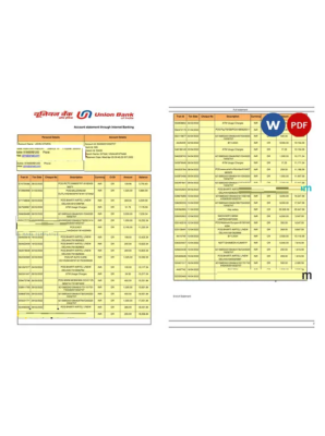 India Union Bank of India bank statement Word and PDF template, 2 pages