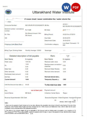 INDIA UTTARAKHAND WATER utility bill Word and PDF template