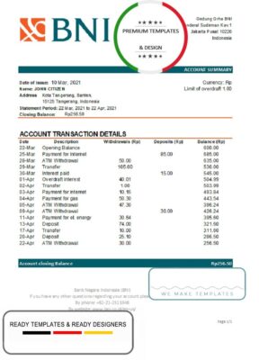 Indonesia Bank Negara Indonesia (BNI) bank statement easy to fill template in Excel and PDF format