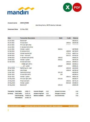 Indonesia Mandiri bank statement Excel and PDF template