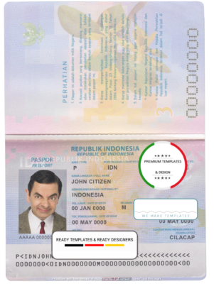 Indonesia passport template in PSD format, fully editable, with all fonts