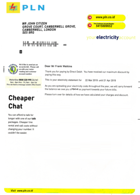 Indonesia PLN electricity utility bill template, fully editable in PSD format