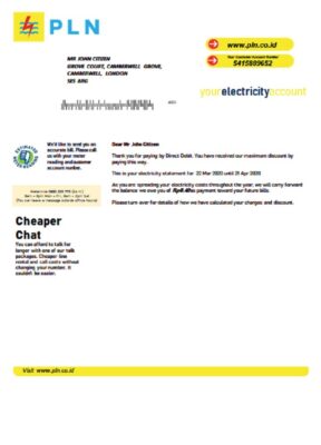 Indonesia PLN electricity utility bill template in Word and PDF format