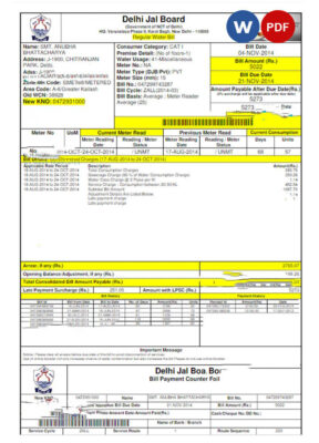 INIDA DELHI JAL BOARD utility bill Word and PDF template