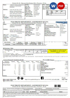 INIDA ELECTRICITY DEPARTMENT GOVERNMENT OF GOA utility bill Word and PDF template