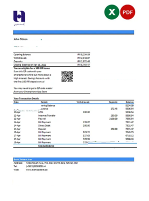 Iran Bank Sederat Iran statement Excel and PDF template