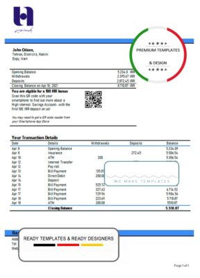 Iran Bank Sederet Iran proof of address bank statement template in Word and PDF format