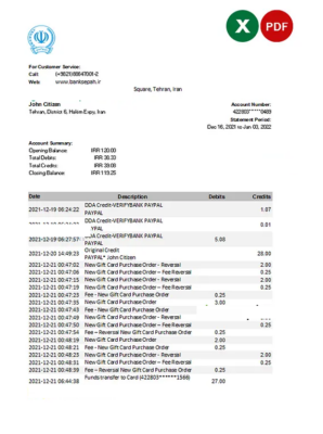 Iran Bank Sepah bank statement Excel and PDF template