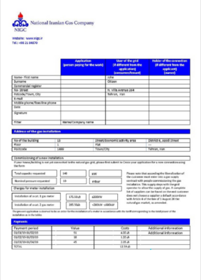 Iran National Iranian Gas Company gas utility bill template in Word and PDF format